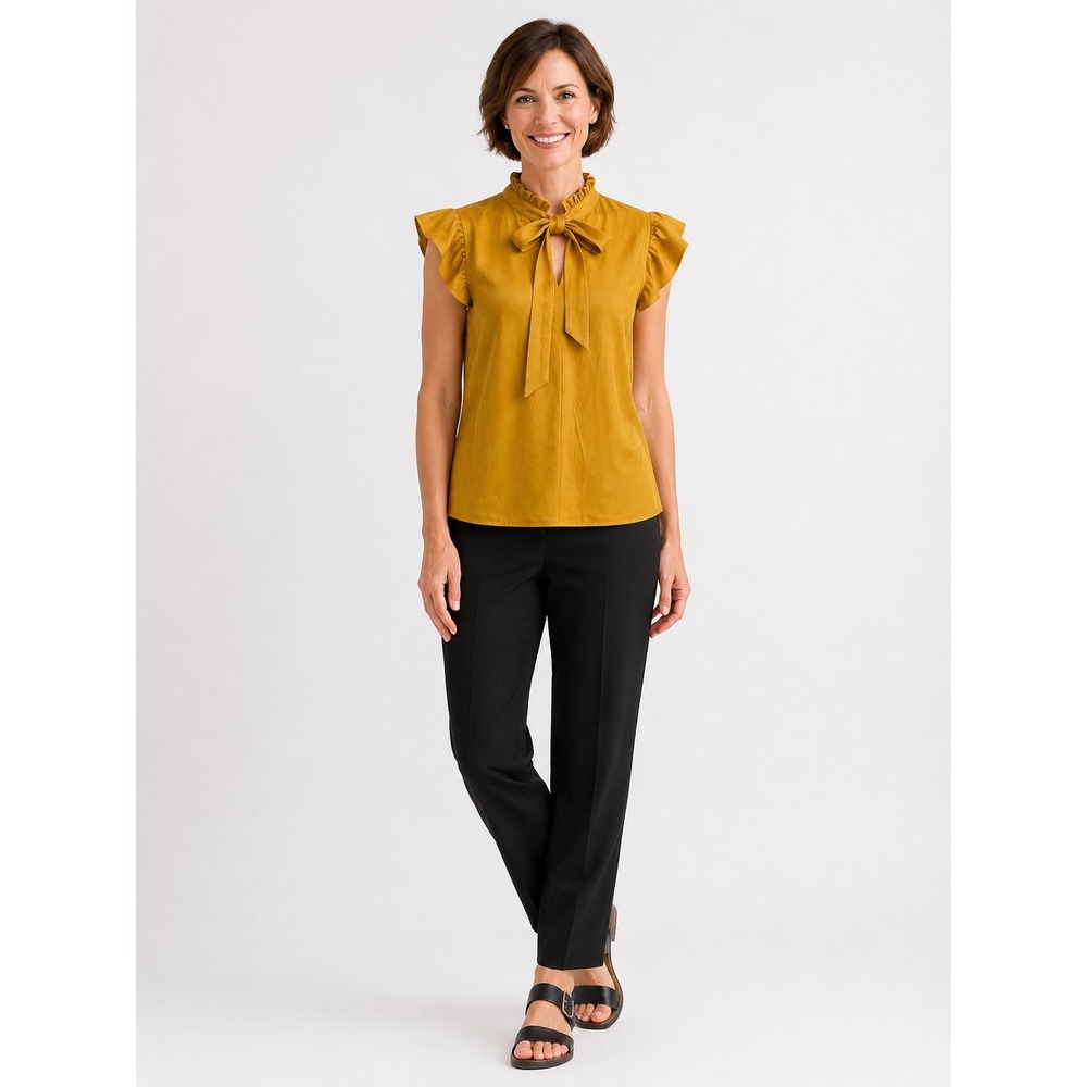Voy Womens Mustard Yellow Faux Suede Ruffle Neck Tie Sleeveless Blouse Top S